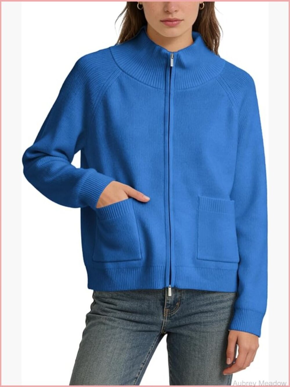 Ribbed Zipper Cardigan High Neck Long Sleeve Knit Jacket with Pockets